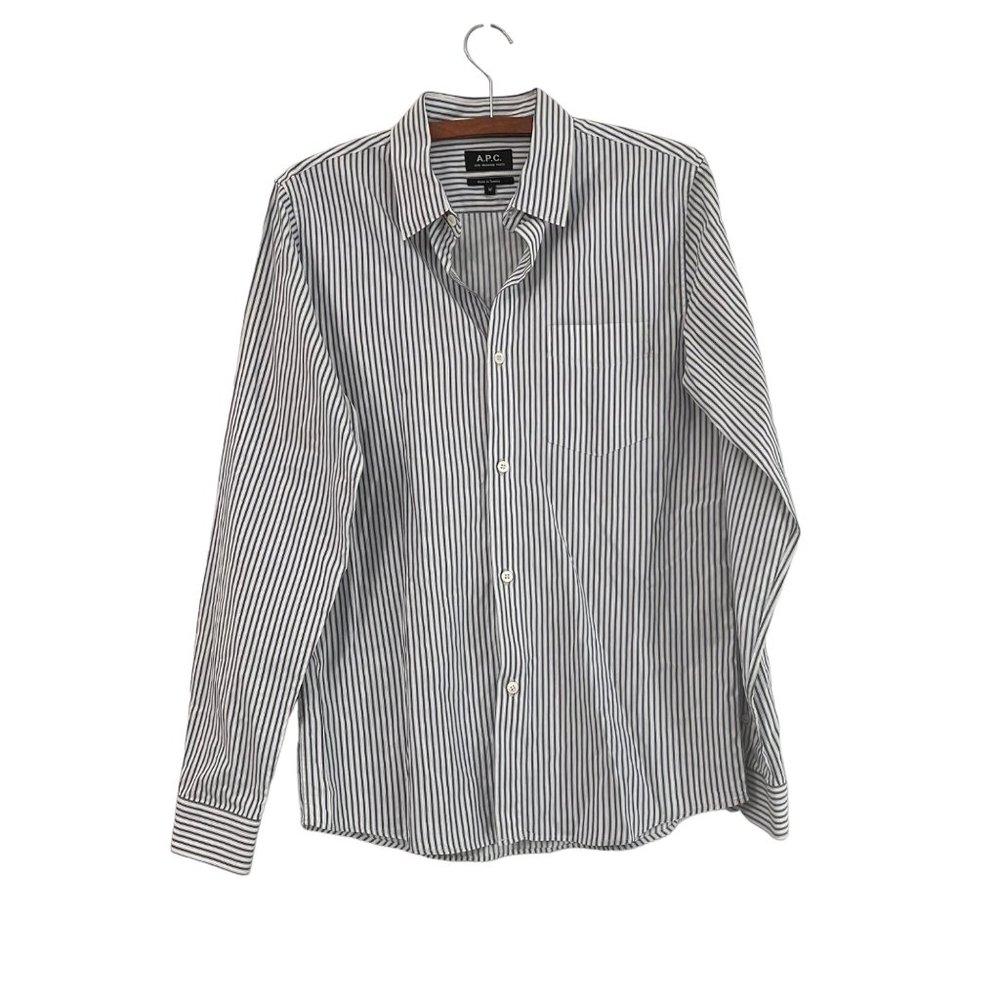 A.P.C. Rue Madame Paris White Blue Striped Long Sleeve Mens Pocket Shirt M